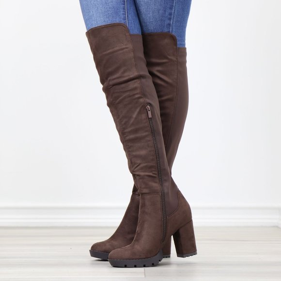 Brown Thigh High Over The Knee Lug Block Heel Boots Faux Suede Round Toe - Picture 11 of 16